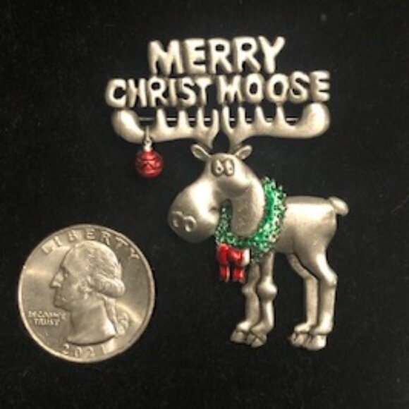 Vintage JJ Jonette Jewelry Silver Pewter Enamel Merry Christmoose Brooch Pin - Picture 4 of 6